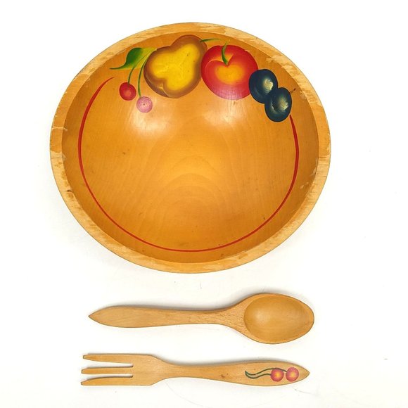 Vintage Wooden Salad Bowl Utensils Cherries Pear Apple Plums Hand Painted Oval - Picture 5 of 11